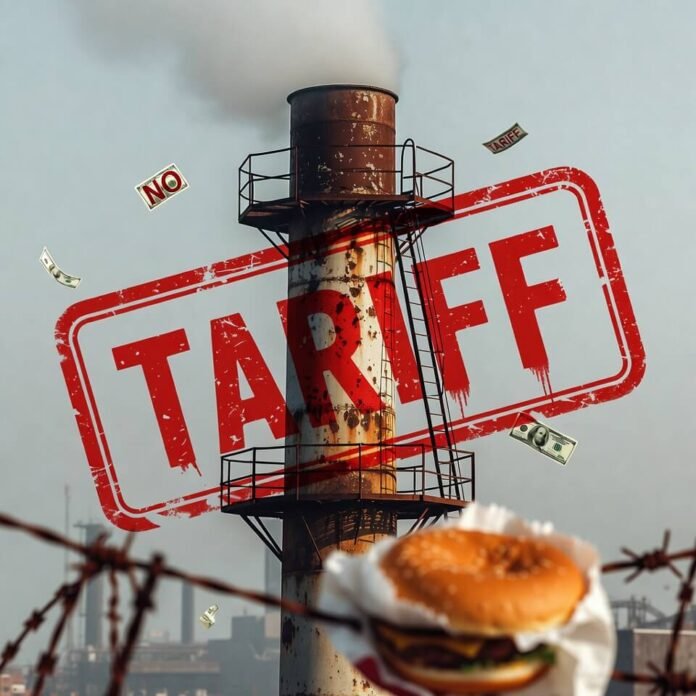 Rusty factory smokestack with giant red 