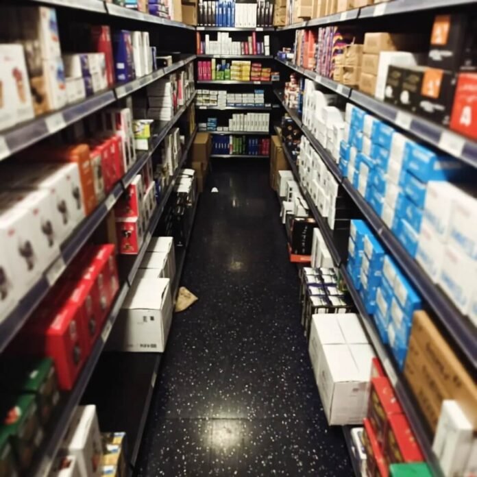 Crooked phone shot of half-empty store aisle