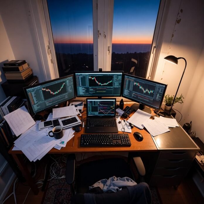 Chaotic home trading desk at dawn, messy setup