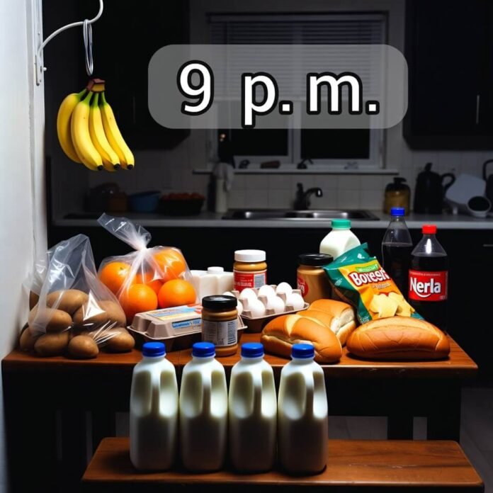 Kitchen table cluttered with grocery haul at 9 p.m.