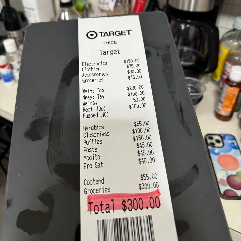 Target receipt showing high costs on kitchen counter