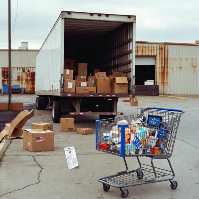 Abandoned shopping cart by half-unloaded truck with spilled import boxes