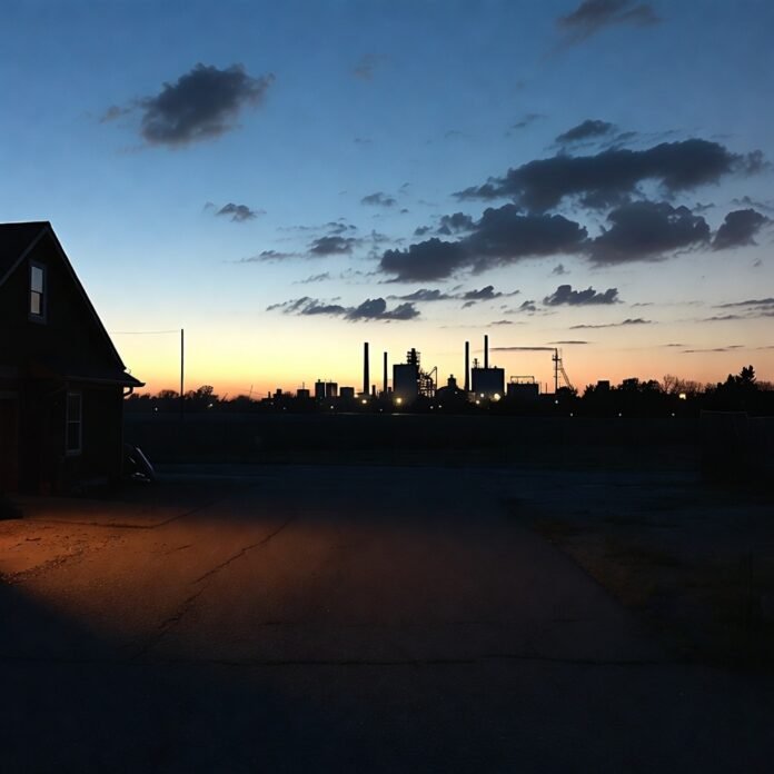 Distant factory silhouette at dusk from empty driveway, evoking uncertainty.