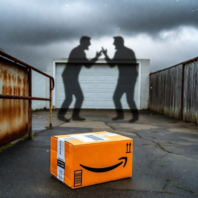 Amazon box on driveway with faint arguing politician shadows