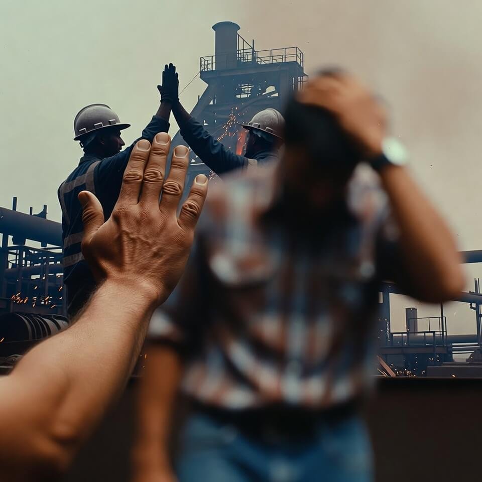 Steel worker high-five contrasts frustrated shopper with receipt