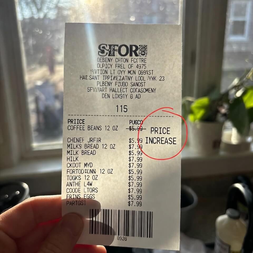 Hand holding grocery receipt showing expensive coffee beans price.