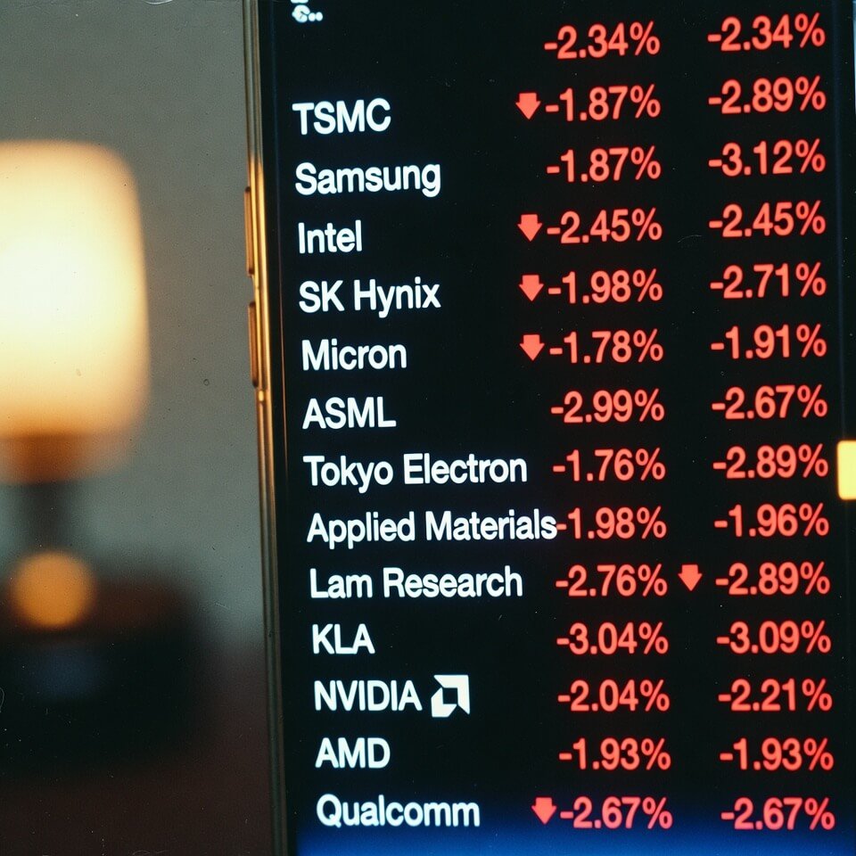 Smartphone screen showing brutal after-hours semiconductor stock drops from tariff news, dim bedside lamp lighting.