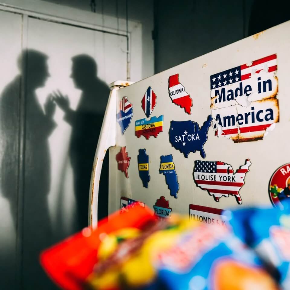 Fridge door with state magnets and peeling "Made in America" sticker