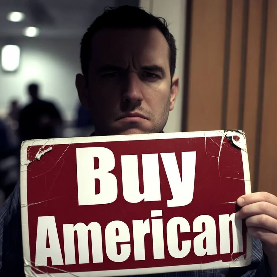 Awkward selfie holding cracked "Buy American" sign at union meeting.