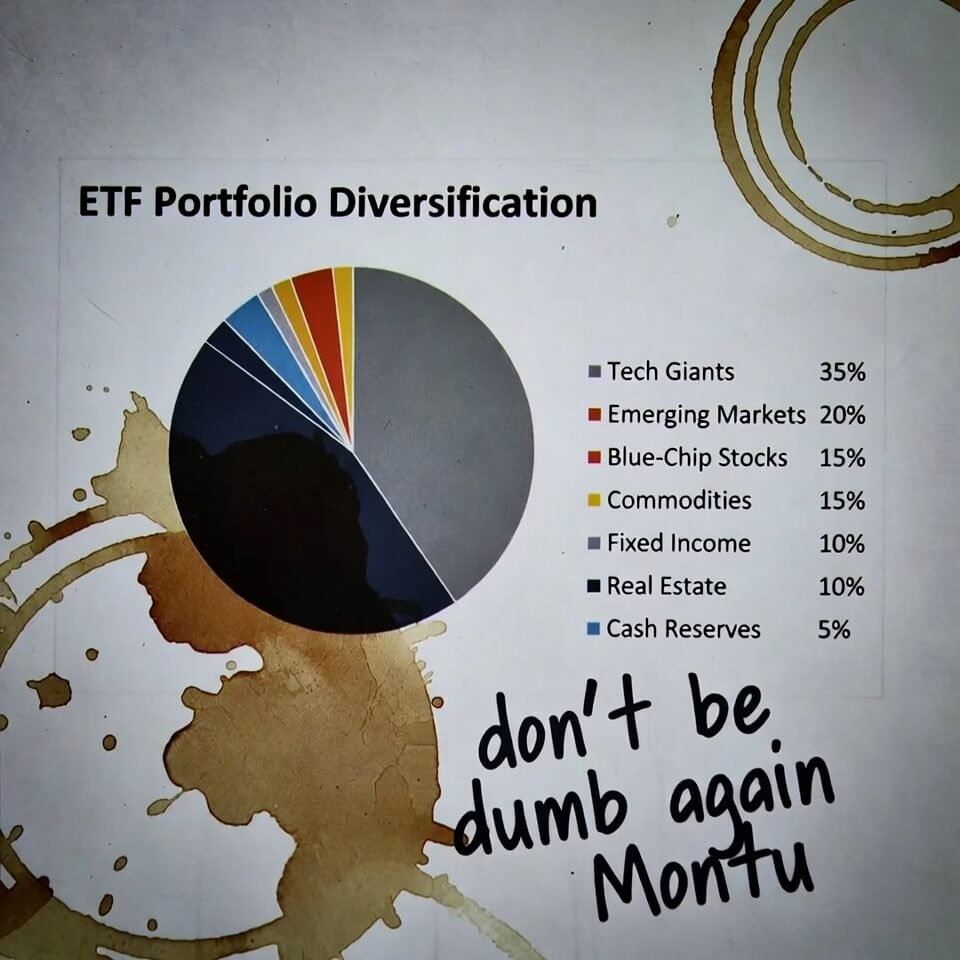 Coffee-stained ETF diversification pie chart taped to monitor with Sharpie note "don't be dumb again Montu".