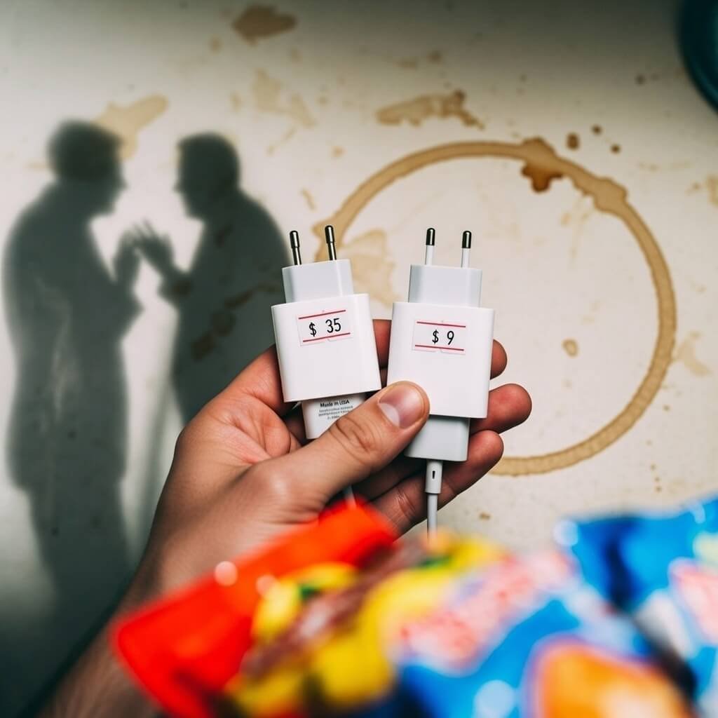 Hand holding $35 USA-made vs $9 generic charger over coffee stain