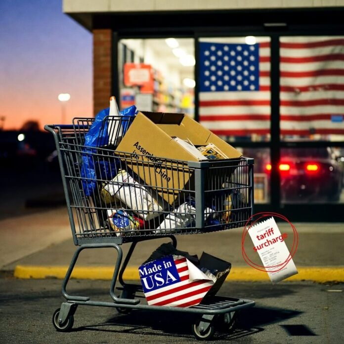 Abandoned Walmart cart with tariff irony at dusk.