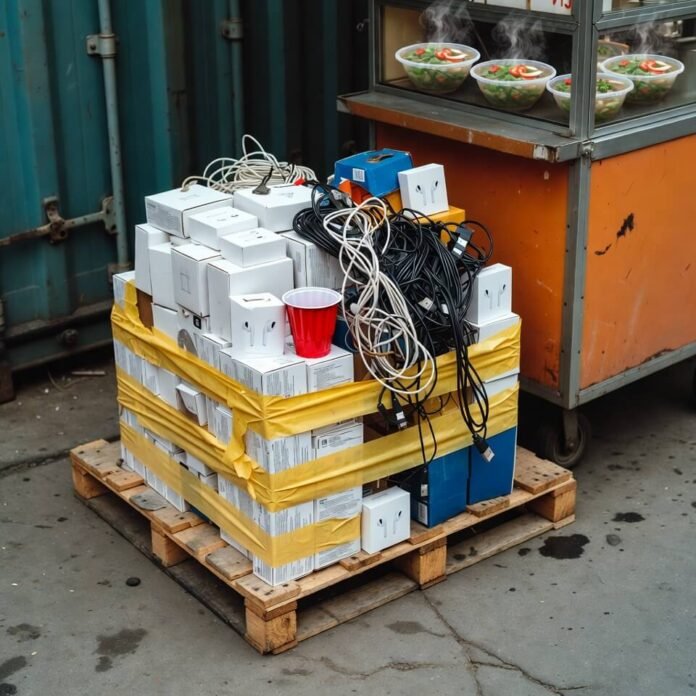 Abandoned pallet of earbud boxes with red Solo cup beside phở cart