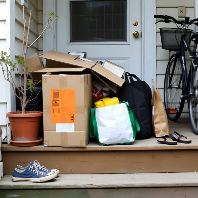 Messy porch piled with Amazon delivery boxes and junk