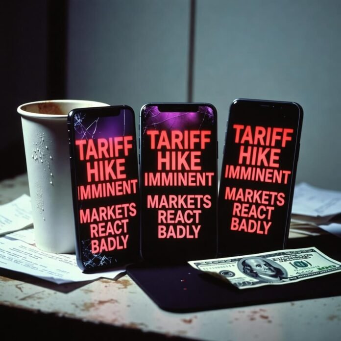 Cluttered desk with sweating coffee cup and red tariff headlines