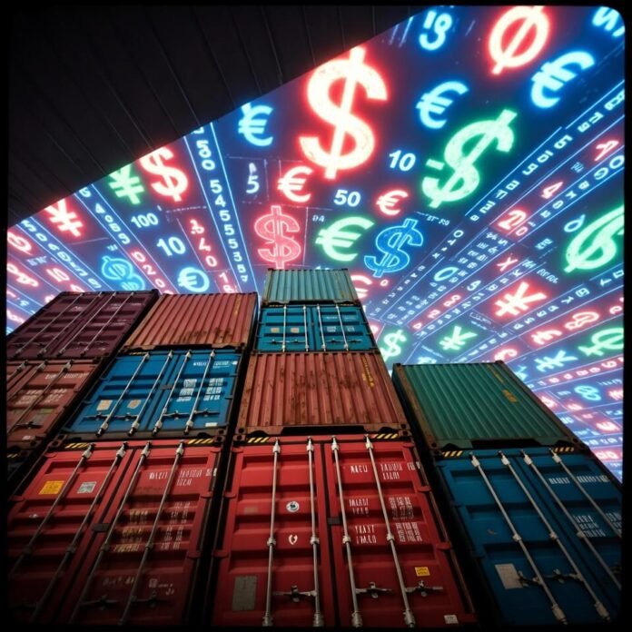 Low-angle view of stacked shipping containers with holographic currency symbols battling above.