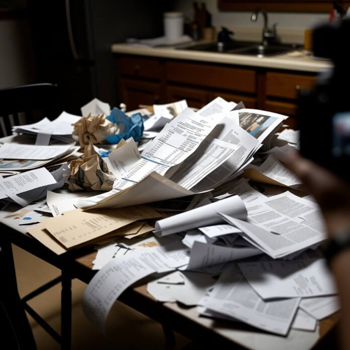 Messy kitchen table with scattered receipts and news printouts at 2 a.m.