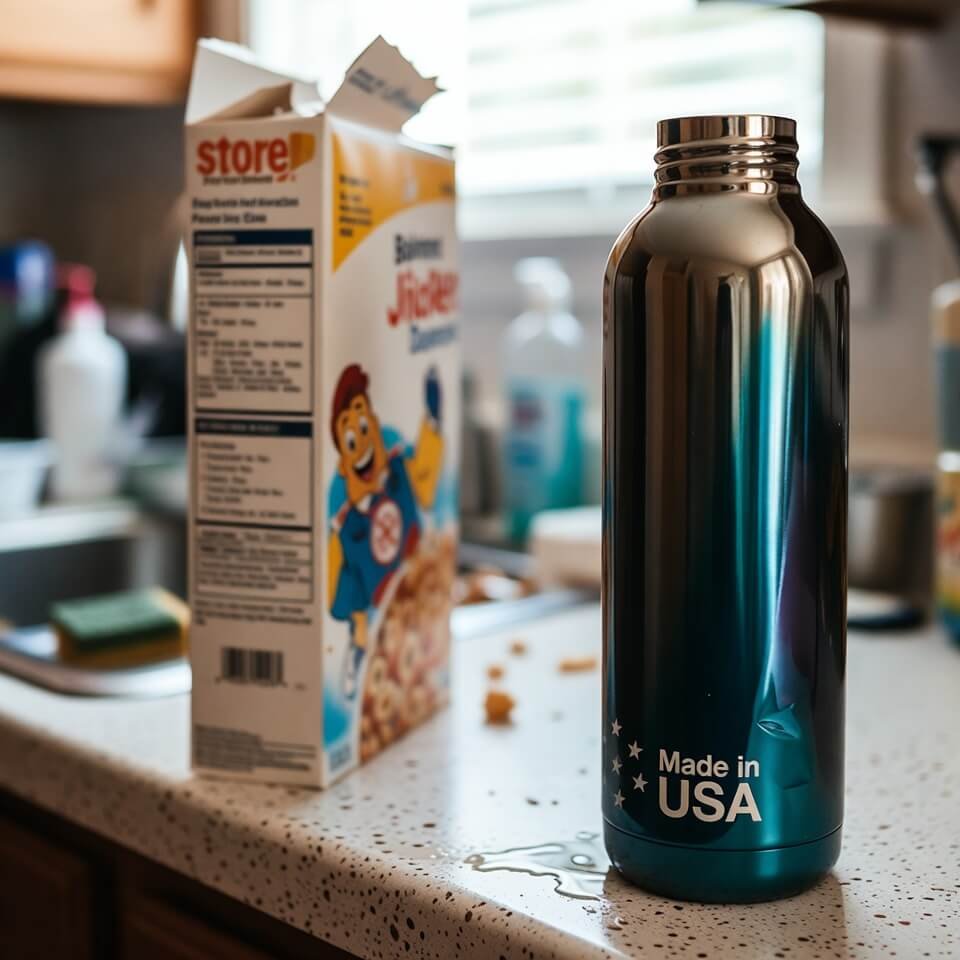 Half-eaten store-brand cereal box beside leaking USA water bottle