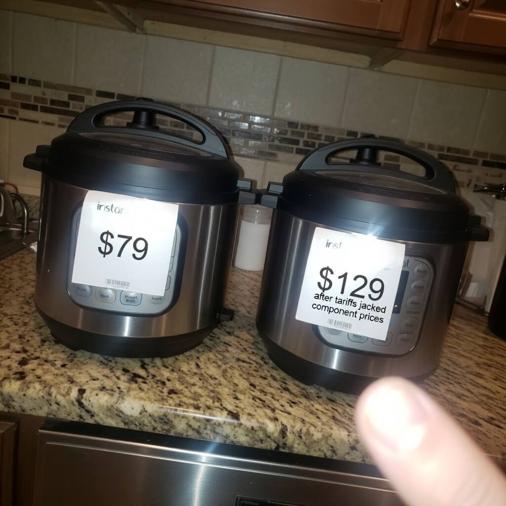 Two Instant Pots showing pre- and post-tariff prices.