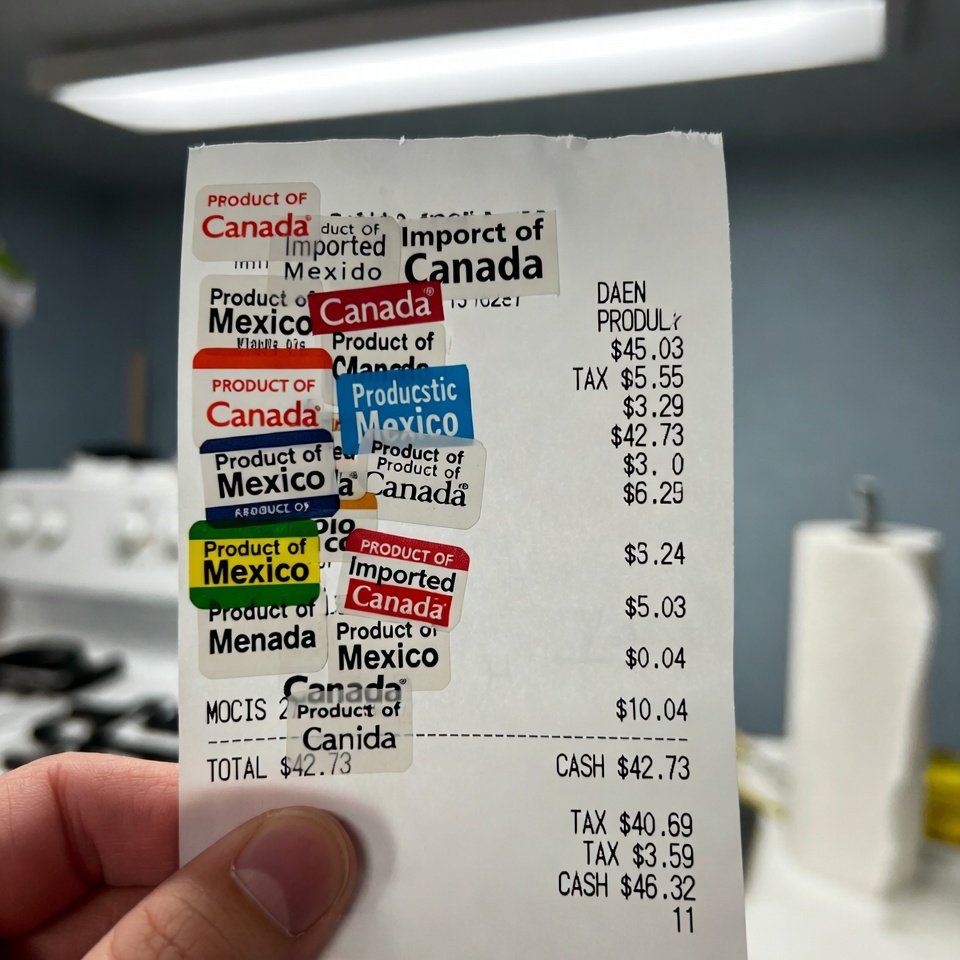 Grocery receipt covered in imported produce stickers, thumb in frame