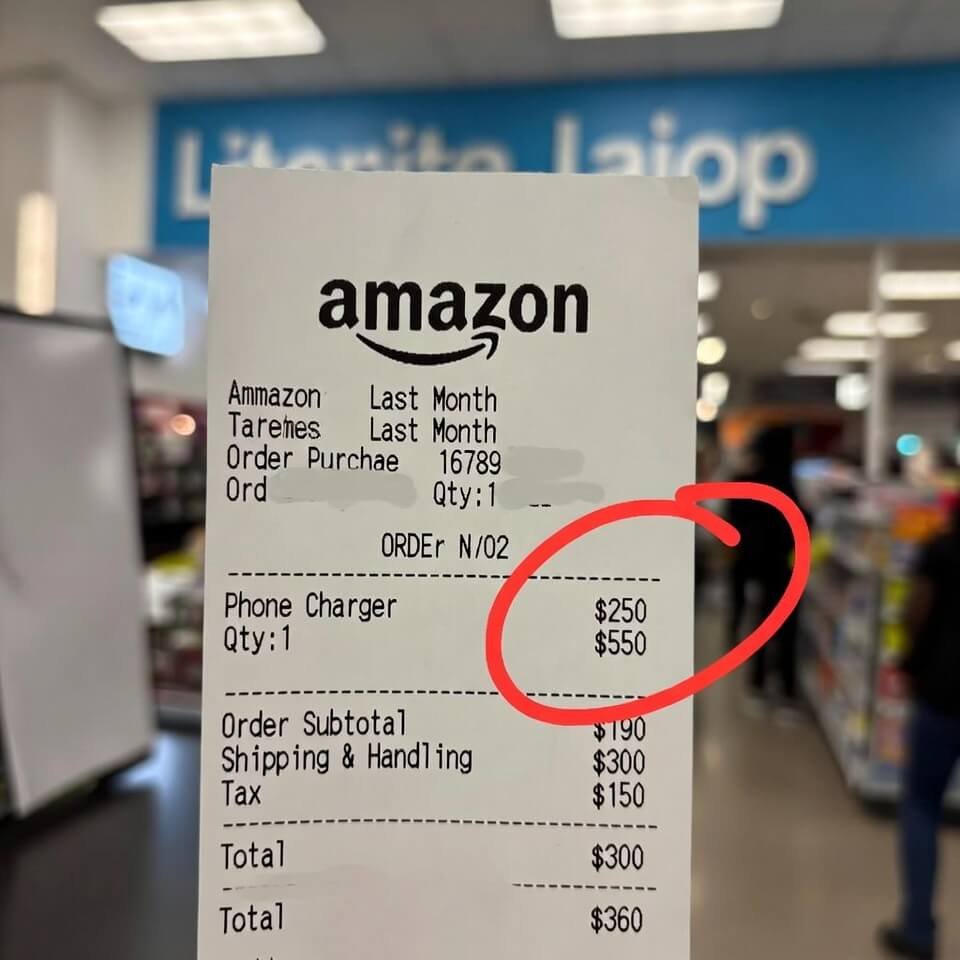 Tilted, blurry Amazon receipt highlighting surprising phone charger price jump.