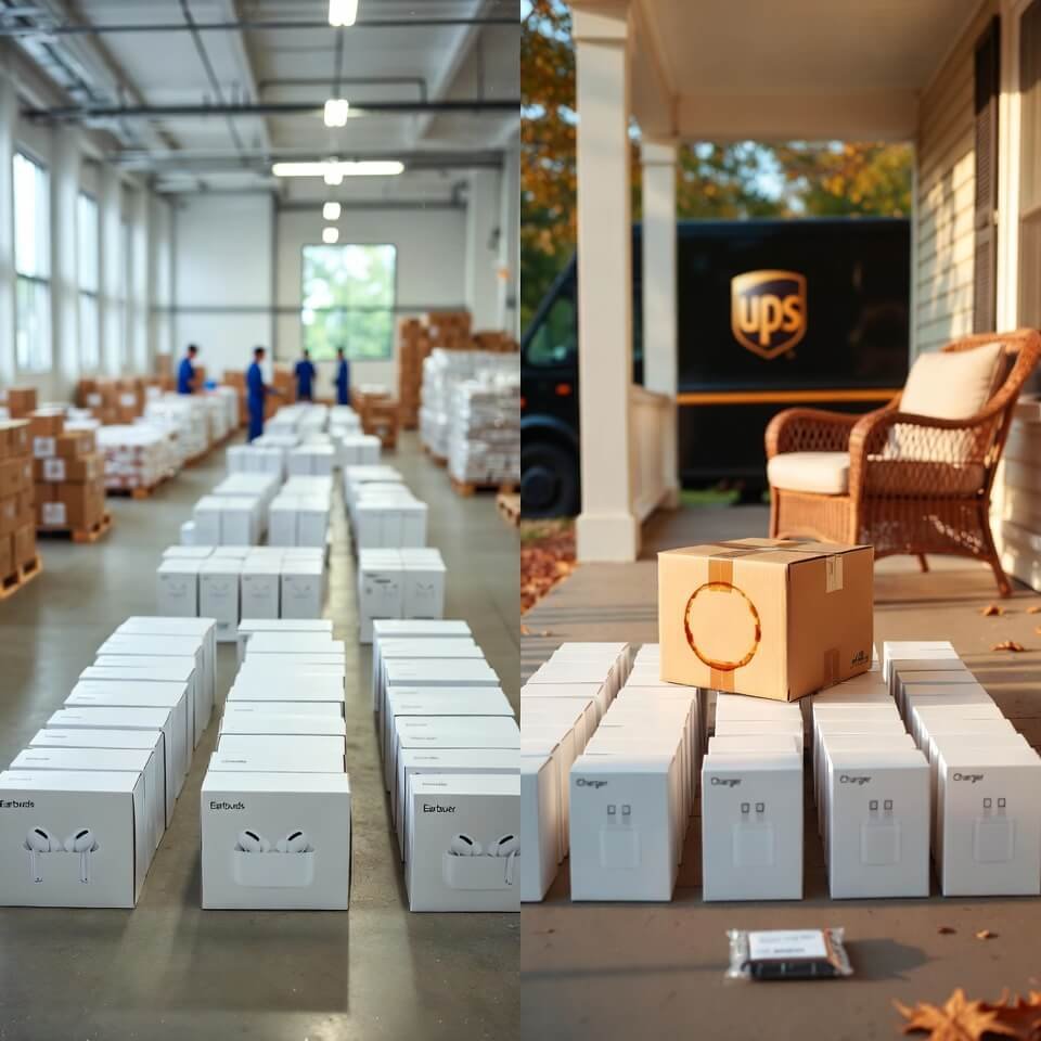 Split view: Vietnamese warehouse to coffee-stained US porch delivery