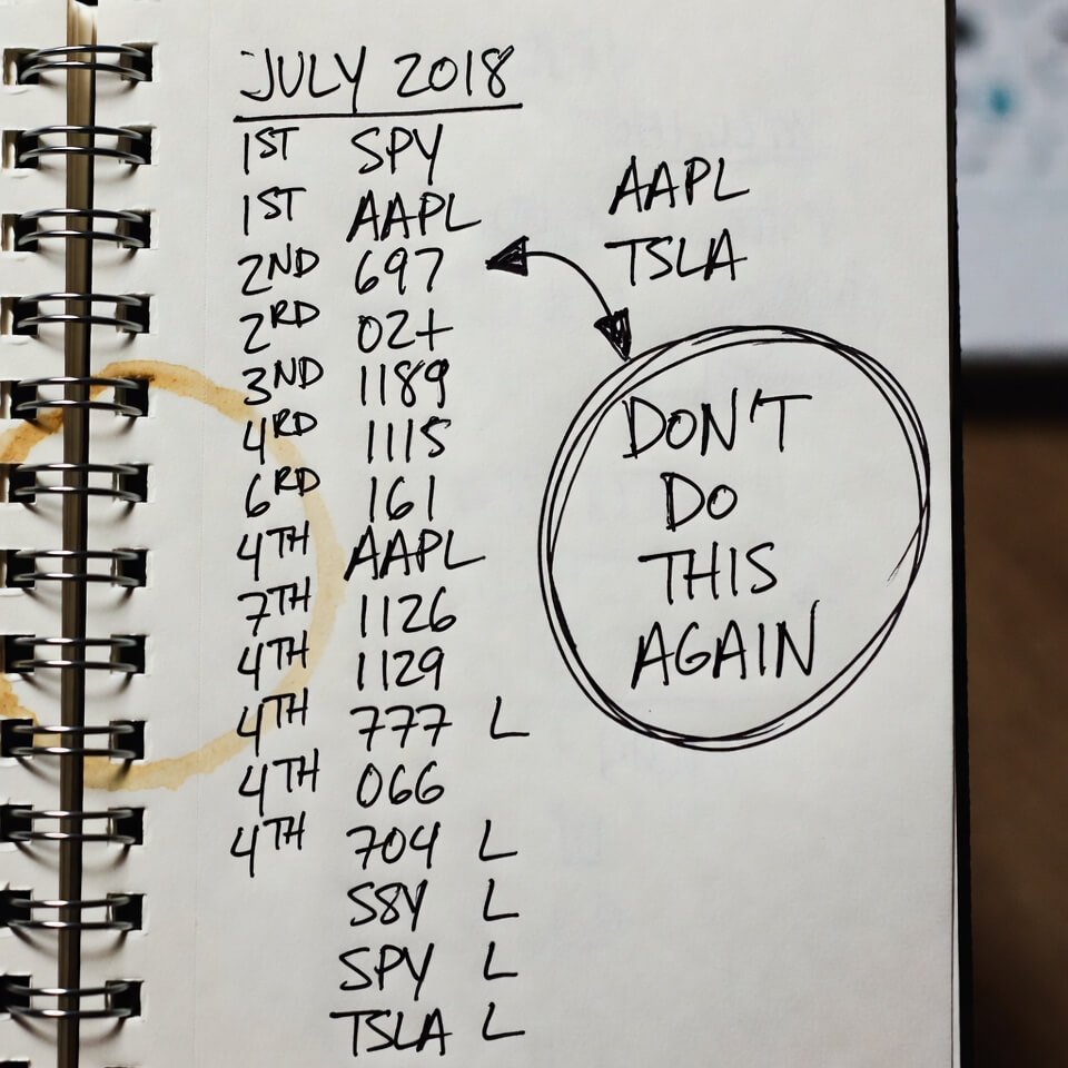 Messy 2018 notebook page with coffee stain and "DON'T DO THIS AGAIN" circle