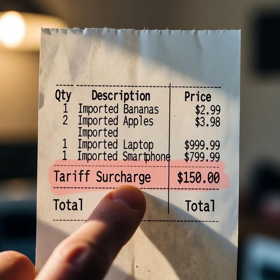 Finger pointing at tariff surcharge on grocery receipt