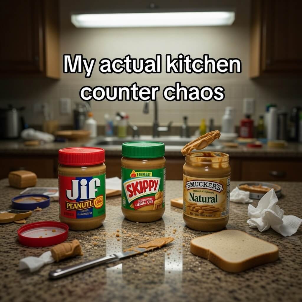 Kitchen counter chaos with three peanut butter jars