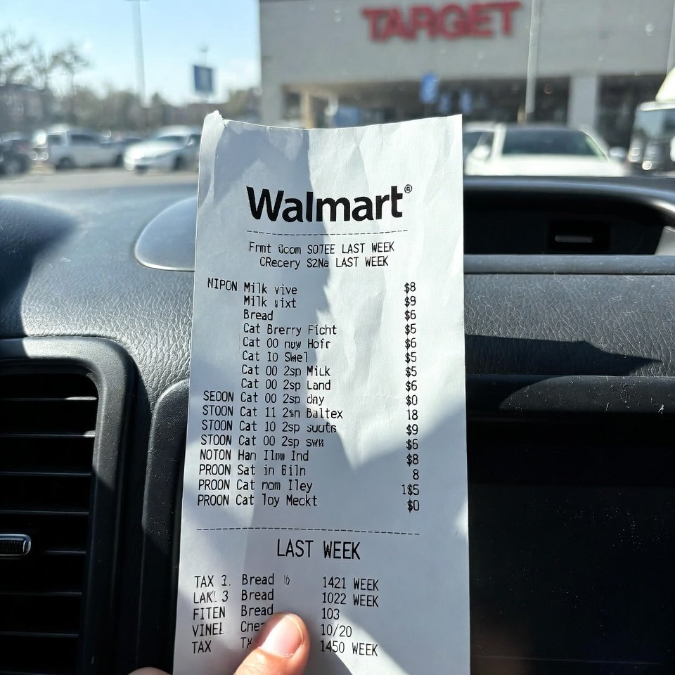 Crumpled Walmart receipt showing $8 milk and $6 bread in car