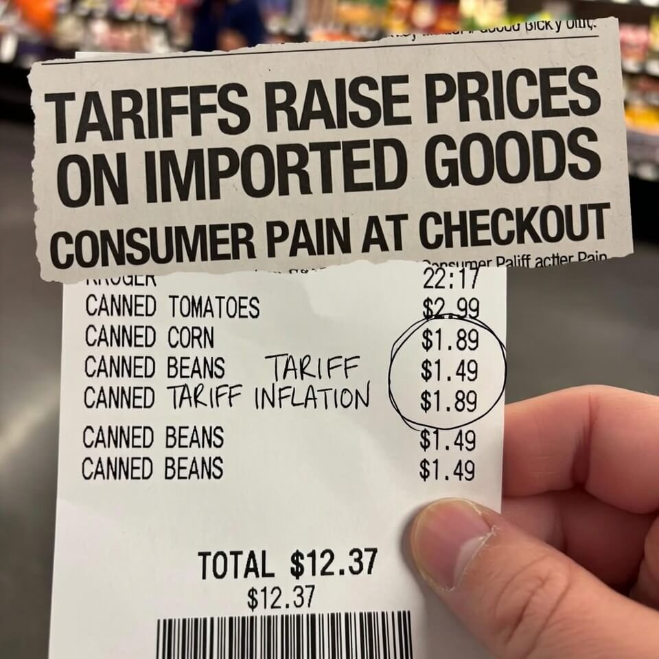 Close-up Kroger receipt showing tariff-inflated canned goods prices
