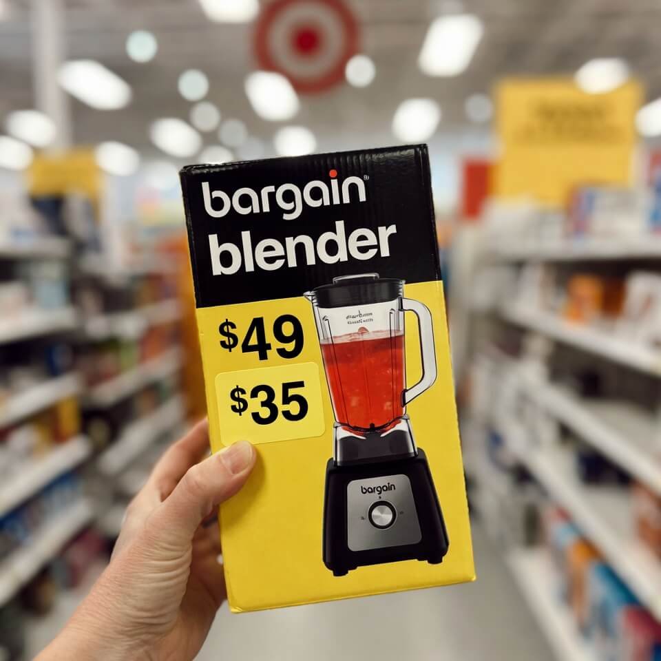 Hand holding $49 blender box with $35 crossed out.