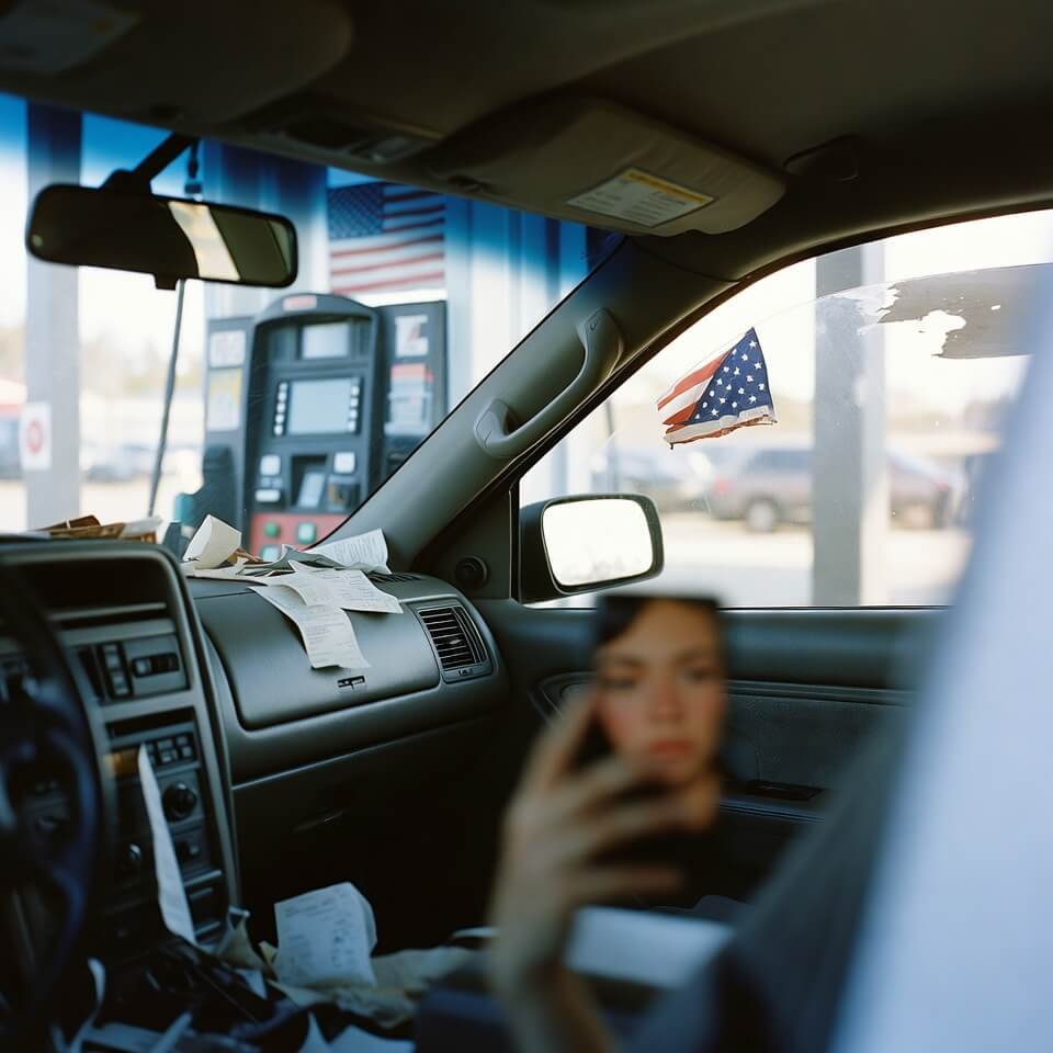 Blurry car selfie at gas pump with shocked expression and peeling American flag decal.