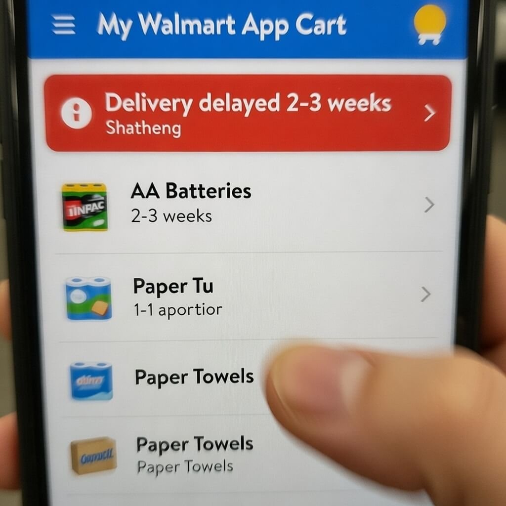 Blurry Walmart app cart showing delivery delay