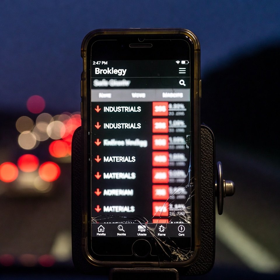 Cracked iPhone screen displaying red arrows on industrial stocks in traffic