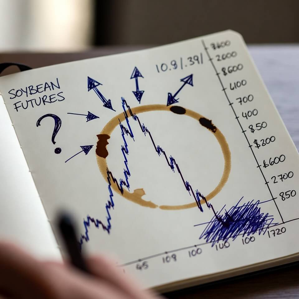 Notebook with frantic soybean futures notes and coffee stain