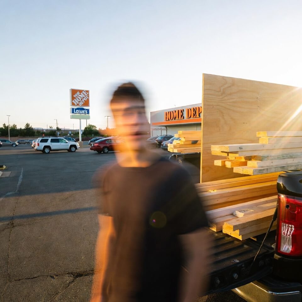 Blurry selfie in Home Depot lot with overpriced lumber in truck