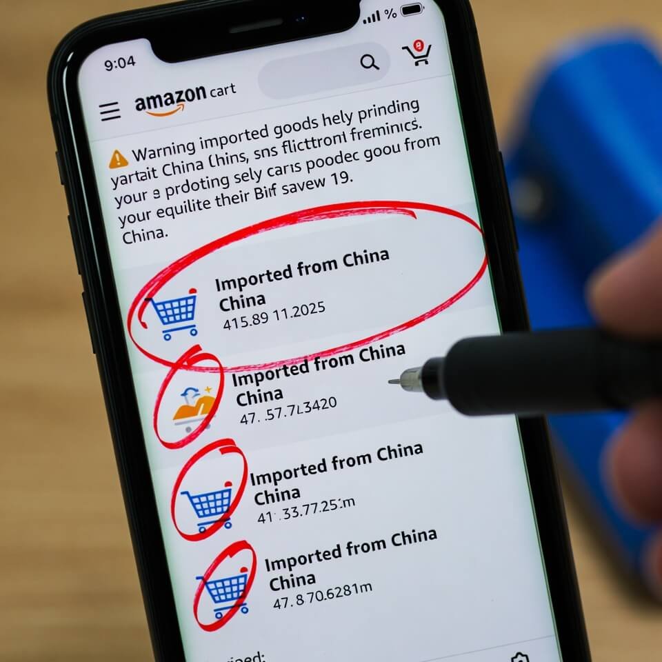 Blurry phone screenshot of Amazon cart with "Imported from China" warnings circled in red.