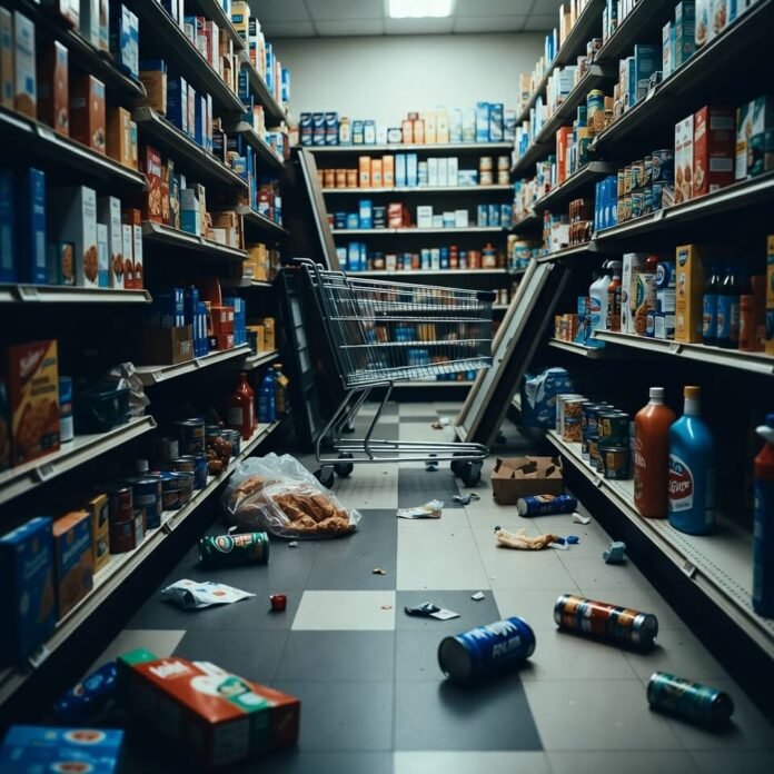 Dropped phone view of chaotic grocery store aisle