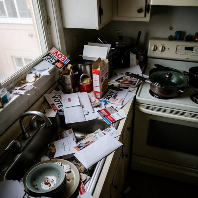 Messy kitchen counter cluttered with scattered election mail and dishes.