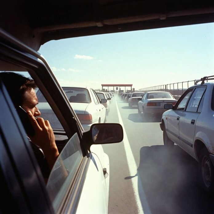 Frustrated driver waits in long border traffic line, phone in hand, heat haze rising.