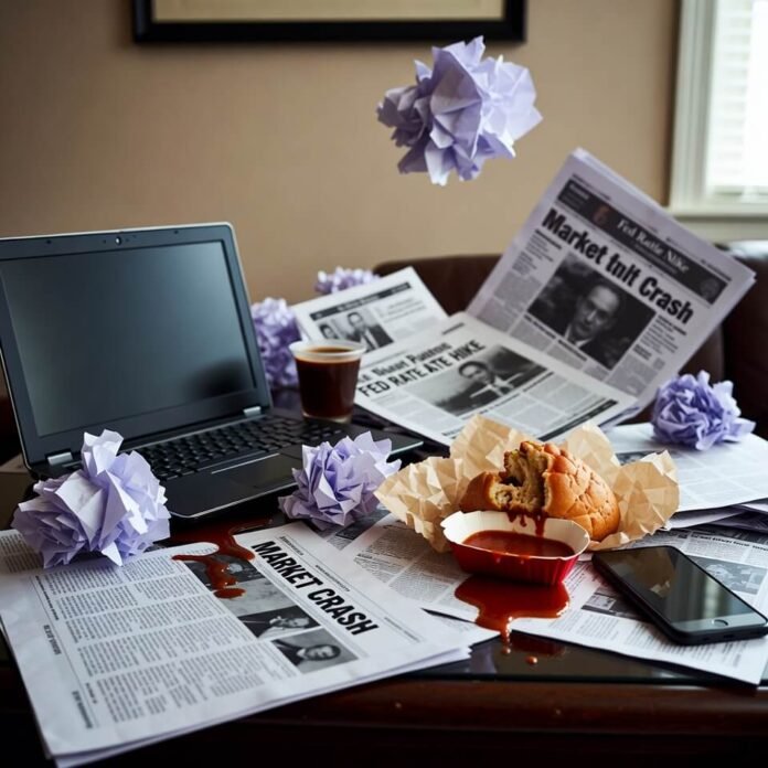 Messy coffee table with crashing stocks, fast food, and newspaper chaos