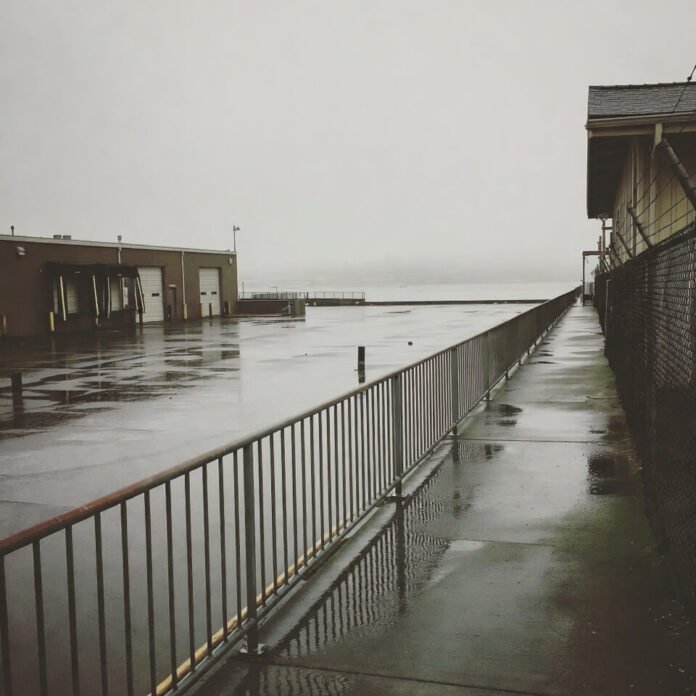 Rainy Long Beach loading dock through fogged iPhone lens