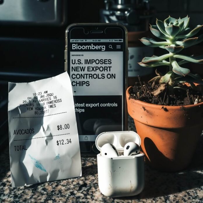 Hand holding $12 frozen dumplings bag with sarcastic tariff Post-it note.