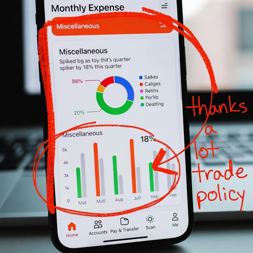 Messy banking app screenshot, miscellaneous spending spiked 18%, red arrow.