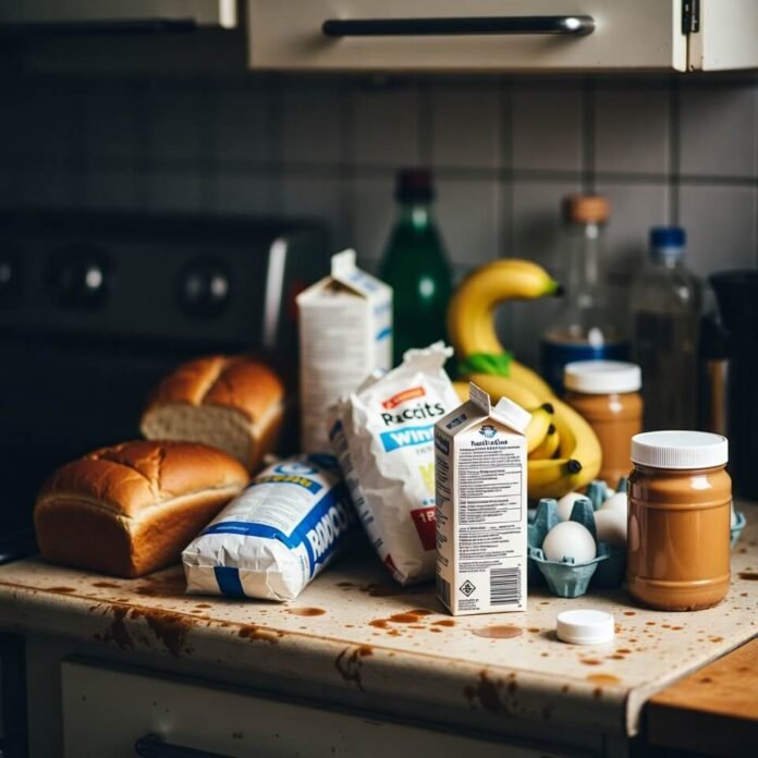 Messy kitchen counter with spilled groceries and receipt