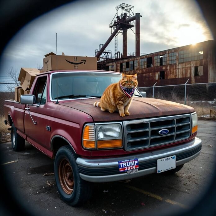 Rusty truck with Amazon boxes and confused cat at abandoned mill