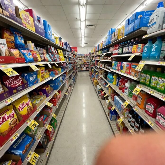Frustrated eye-level shot of crowded Walmart aisle with high price tags