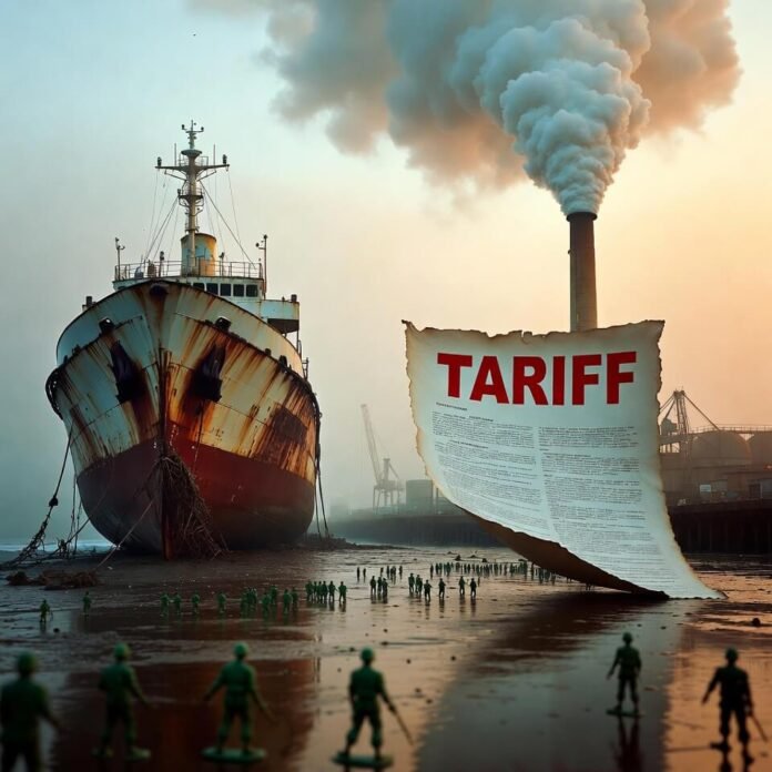 Rusty cargo ship and factory with tiny toy soldiers guarding oversized tariff paper in fog.