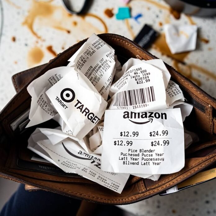 Beat-up brown wallet stuffed with Target and Amazon receipts